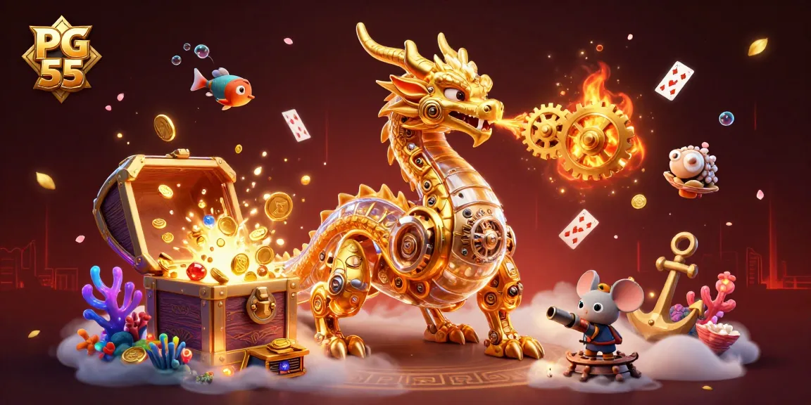 Experience the excitement of PG 55 with dynamic gameplay featuring a golden dragon and treasures.