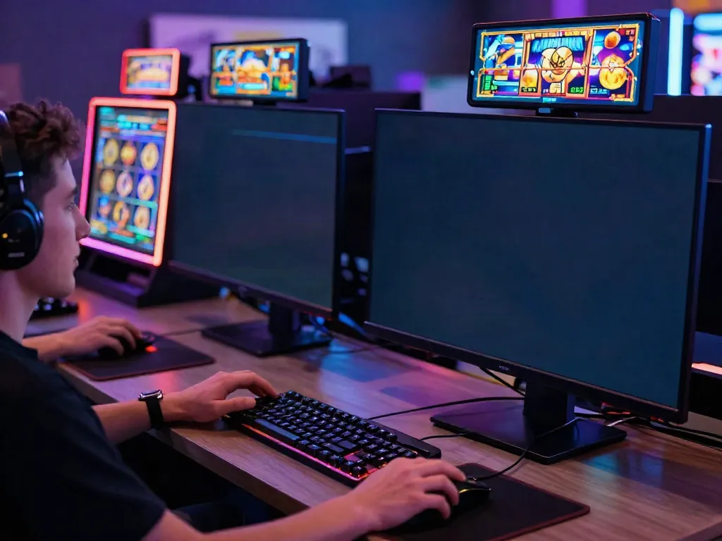Situs slot777 vibrant online gaming setup with interactive slot machine and colorful graphics.