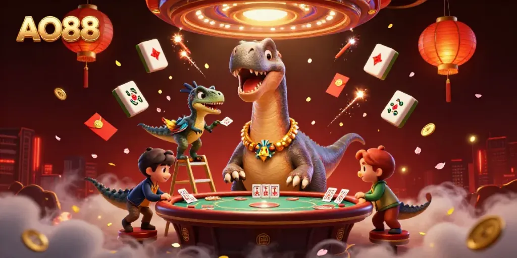 AO88 features a towering brontosaurus and clever raptor surrounded by vibrant casino elements.