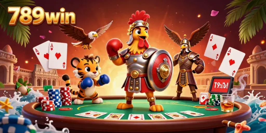Experience the excitement of 789win with a gladiator rooster among poker elements in a vibrant arena.