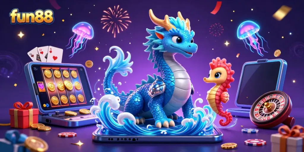 Experience fun88's vibrant gaming world with a majestic water dragon, knight, and colorful slot scene.