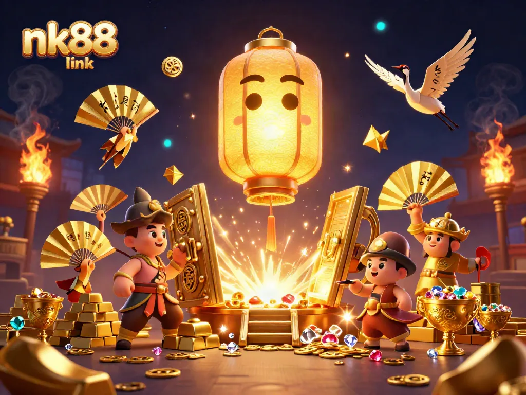 Experience fortune with the nk88 link floating above a vibrant casino scene filled with treasures.