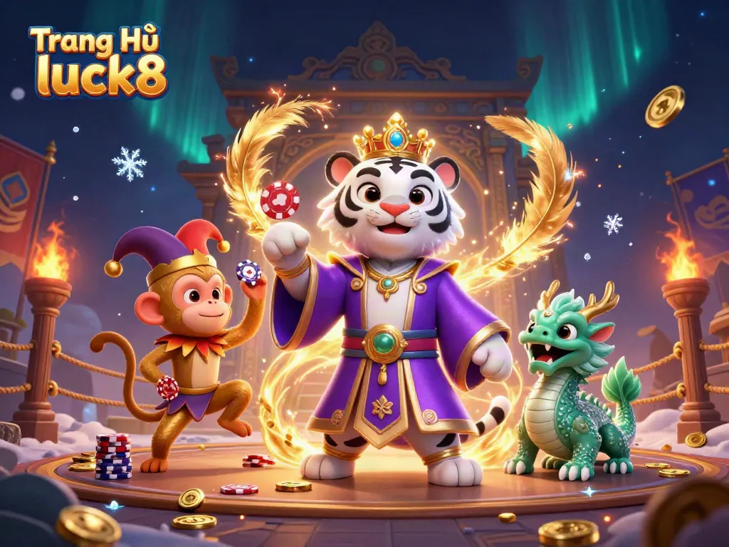 Engage with the vibrant world of Trang Chủ luck8, featuring a white tiger, golden monkey, and dragon among swirling casino elements.