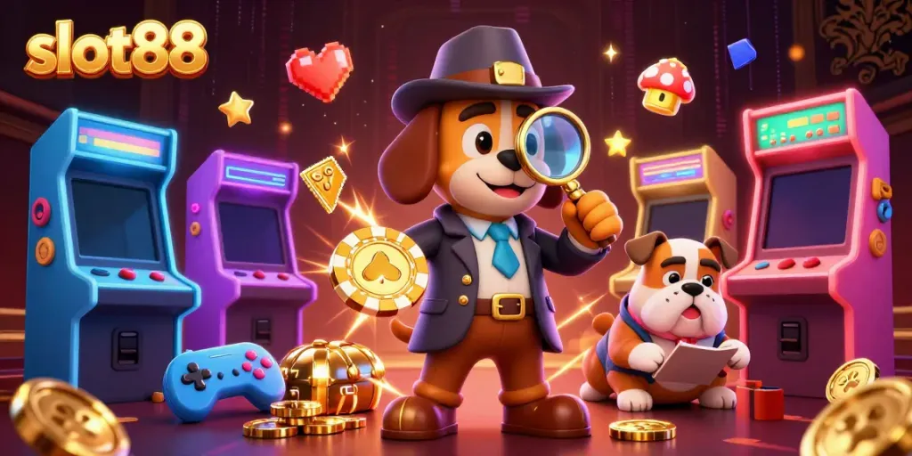 Menghadapi slot88, anjing detektif dan bulldog bekerja sama mencari petunjuk di kasino yang berkilau.
