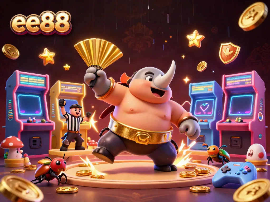 Experience thrilling action at ee88 with a sumo beetle champion surrounded by vibrant gaming elements and dynamic energy