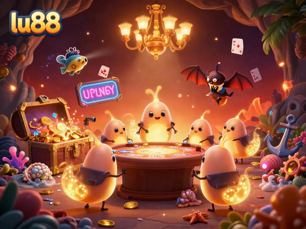 Winning at lu88 with glowing gambling elements and a bat dealer in a cave casino scene.