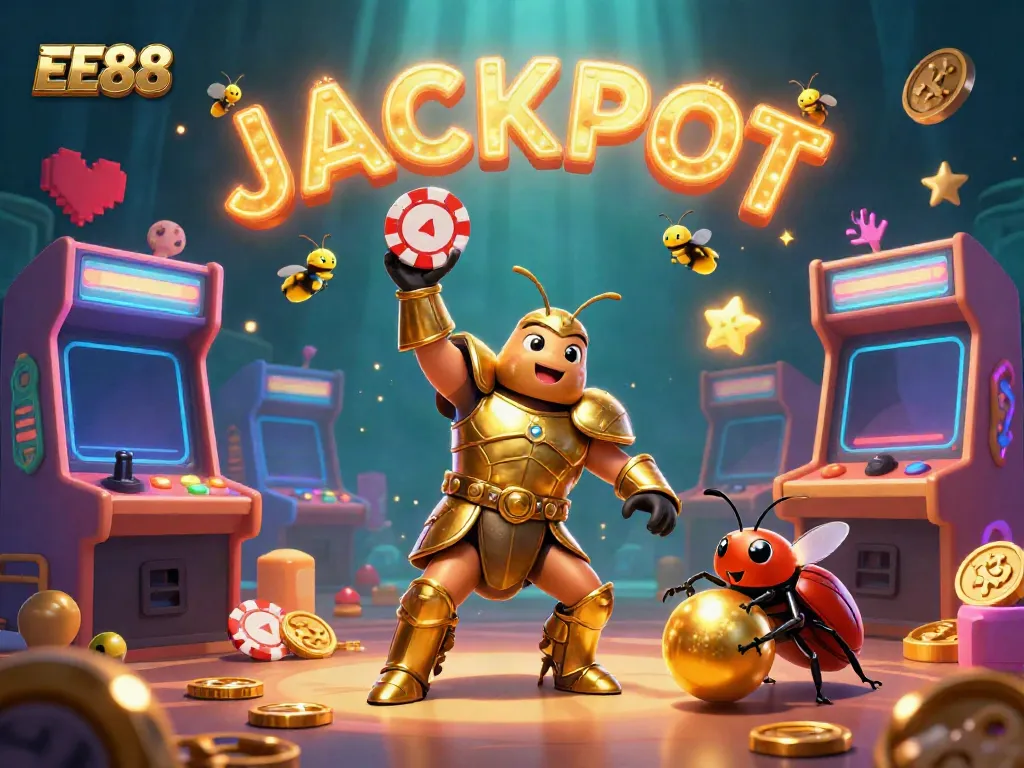 Experience EE88's thrilling casino atmosphere with vibrant gaming characters celebrating a jackpot victory.