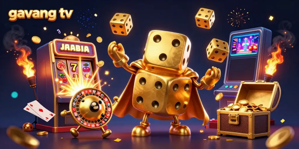 Experience gaming excitement with gavang tv's dynamic and colorful casino scene featuring a golden dice golem.