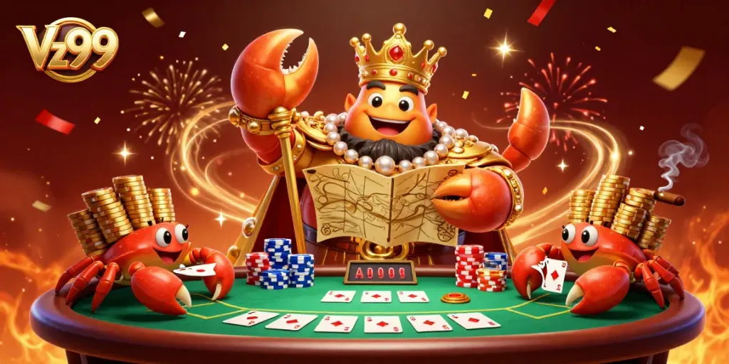Experience Vz99 casino excitement with a golden crab emperor and poker elements in vibrant celebration.