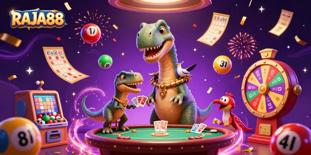 Engage with dynamic gambling action at RAJA88 featuring colorful characters and vibrant gaming elements.