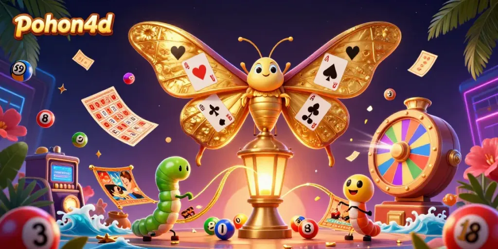 Engage with pohon4d's vibrant online gaming world featuring a 3D butterfly amidst lottery elements.