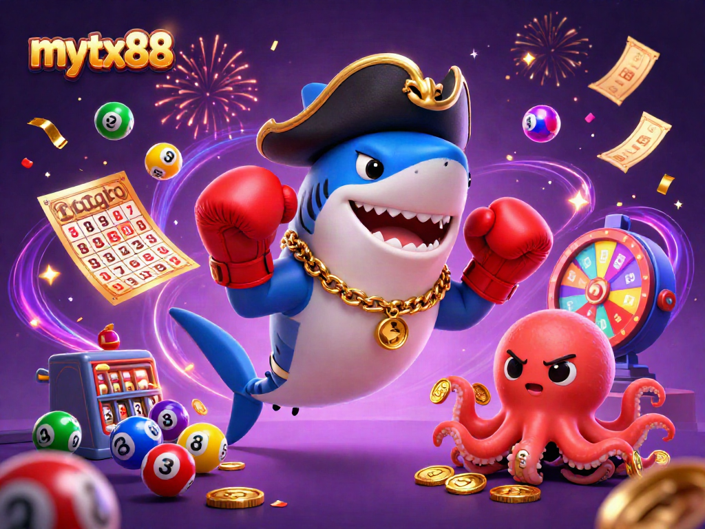 Engaging scene showcasing mytx88 with vibrant lottery elements and lively characters, setting the casino atmosphere.