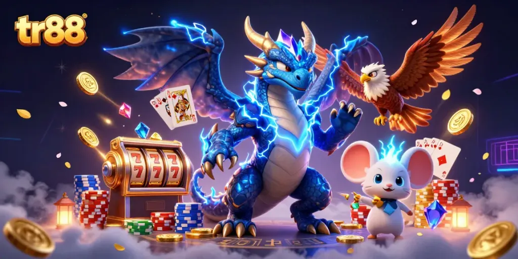 Win big with tr88 through stunning 3D casino illustration bursting with lucky symbols.