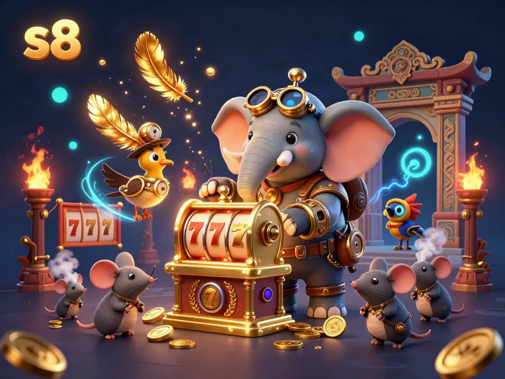 Experience thrilling gameplay at s8 with a steampunk elephant operating a golden slot machine in a richly detailed casino atmosphere.