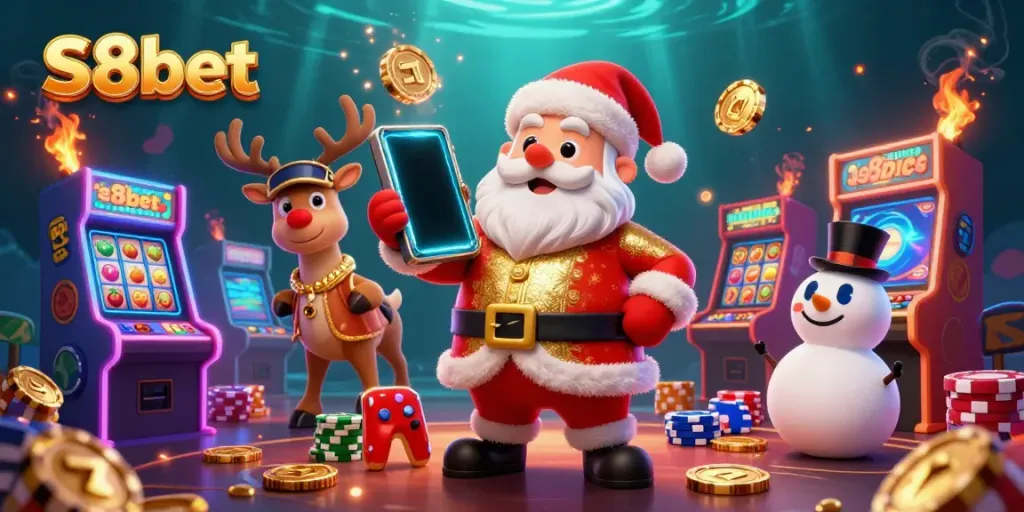 S8bet spins the jackpot with Santa and friends in a vibrant casino scene.