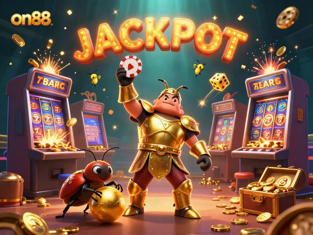 Experience on88 with a 3D beetle hero celebrating a jackpot in an exciting gaming scene.