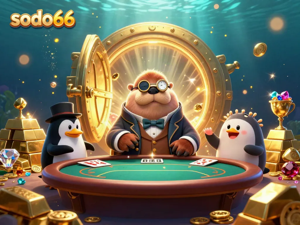 Engage in poker excitement at sodo66 with a jolly walrus, sophisticated dealer, and bluffing pufferfish.