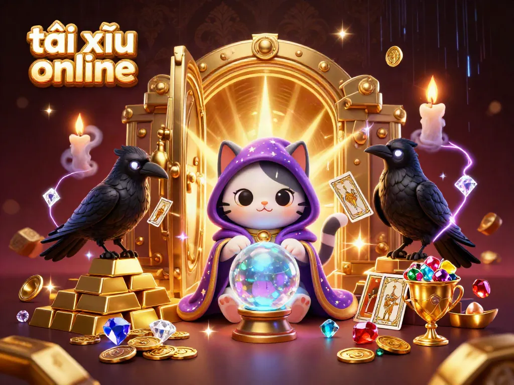 Engage in the world of tài xỉu online with a mystical 3D scene capturing a fortune teller cat, a raven, and treasure elements.