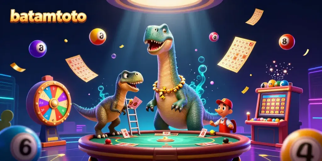 Engage in thrilling gaming action with batamtoto as a whimsical brontosaurus towers over a vibrant casino scene.