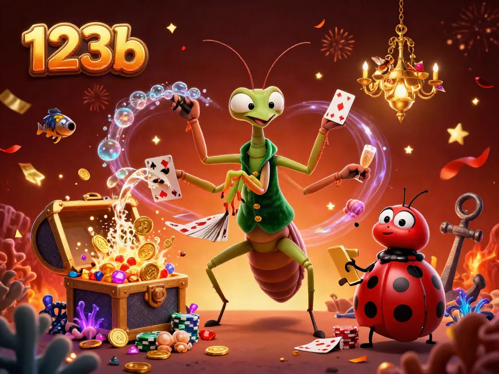 Engage with 123b through a vibrant casino scene featuring a giant praying mantis card sharp, a ladybug pit boss, and magical game elements.