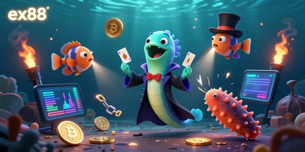 Experience ex88 magic with a whimsical underwater scene showcasing card tricks and crypto treasures.