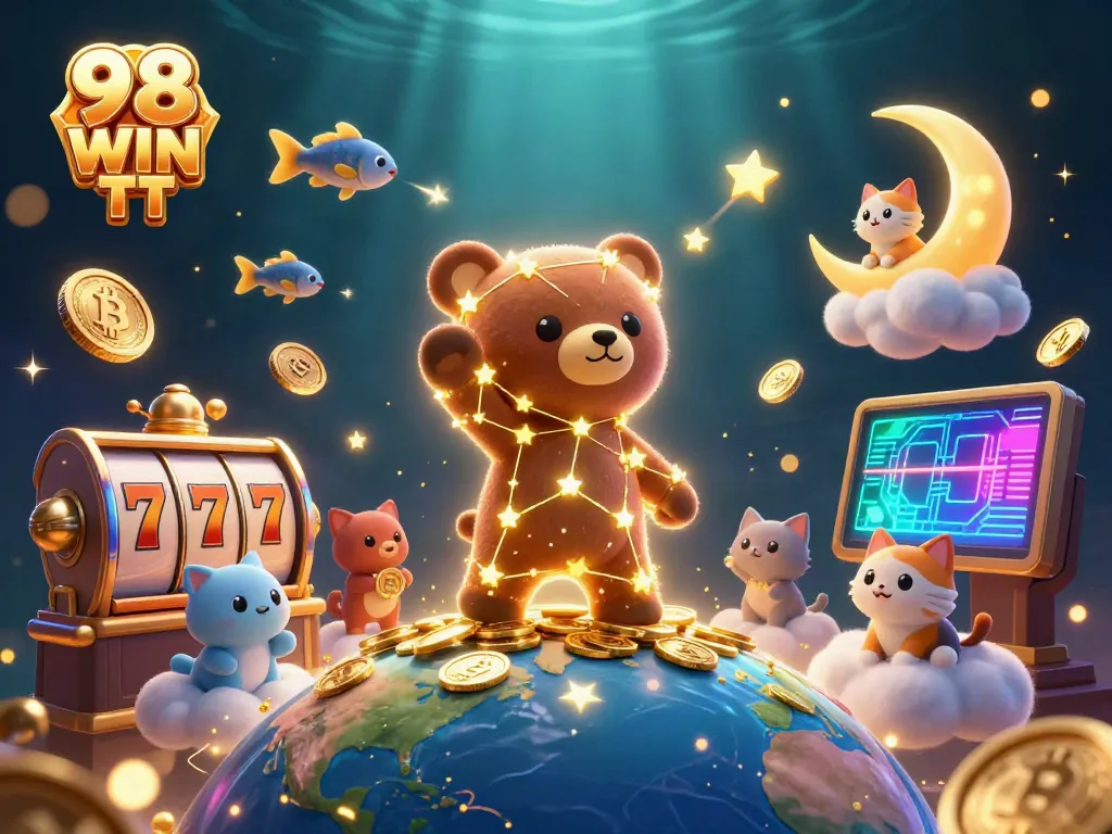 Engaging illustration showcasing 98 WIN TT with a constellation bear and casino elements capturing the excitement of online gambling.