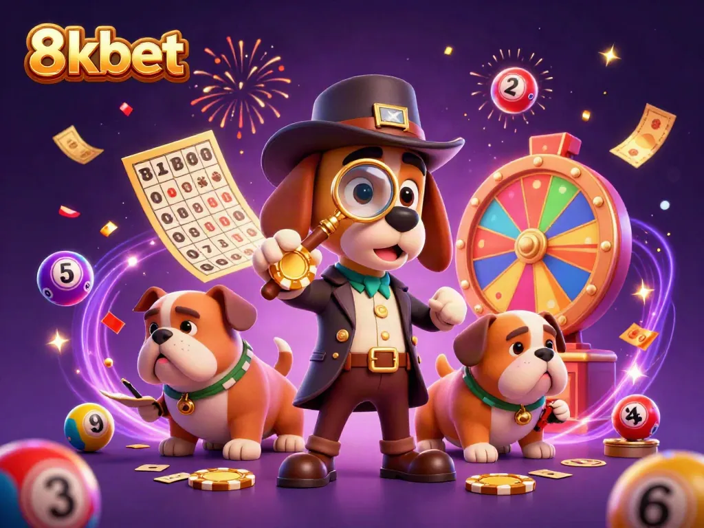 Engage with 8kbet's detective-themed casino adventure centered around poker and lottery excitement.