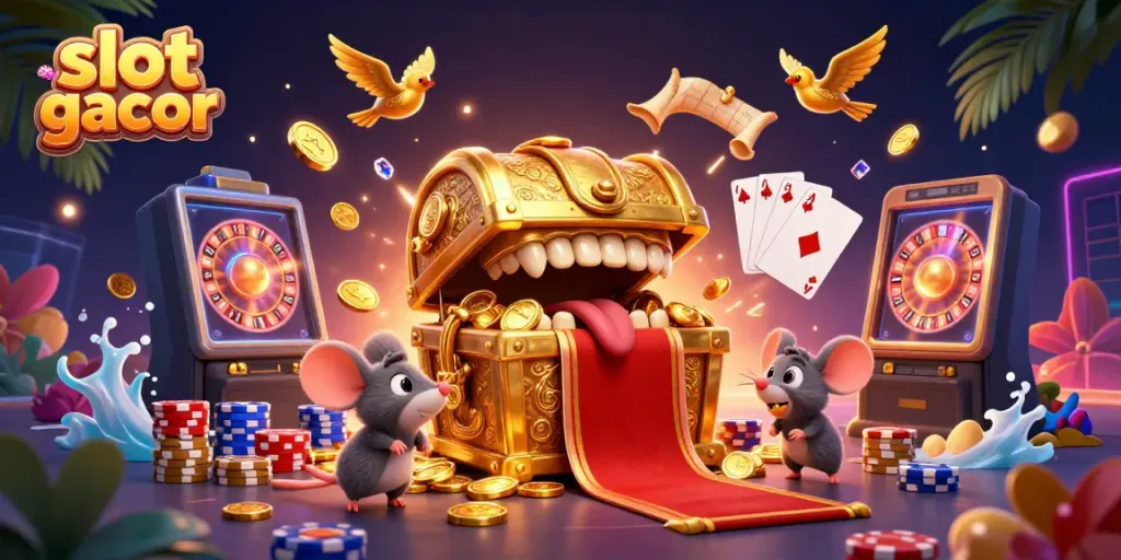 Visualisasi slot gacor yang menarik dengan simbol keberuntungan dan karakter 3D yang menarik.