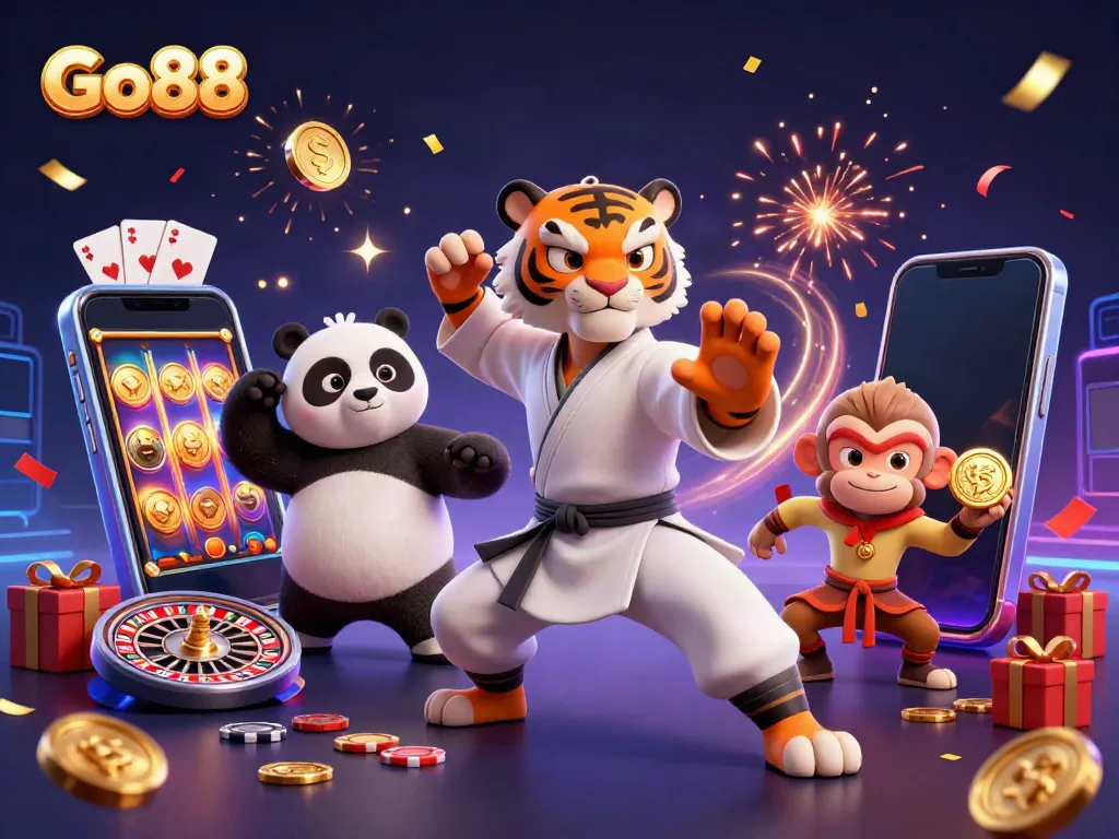 Experience Go88's casino fun with a kung fu tiger, panda, and monkey in a vibrant scene.
