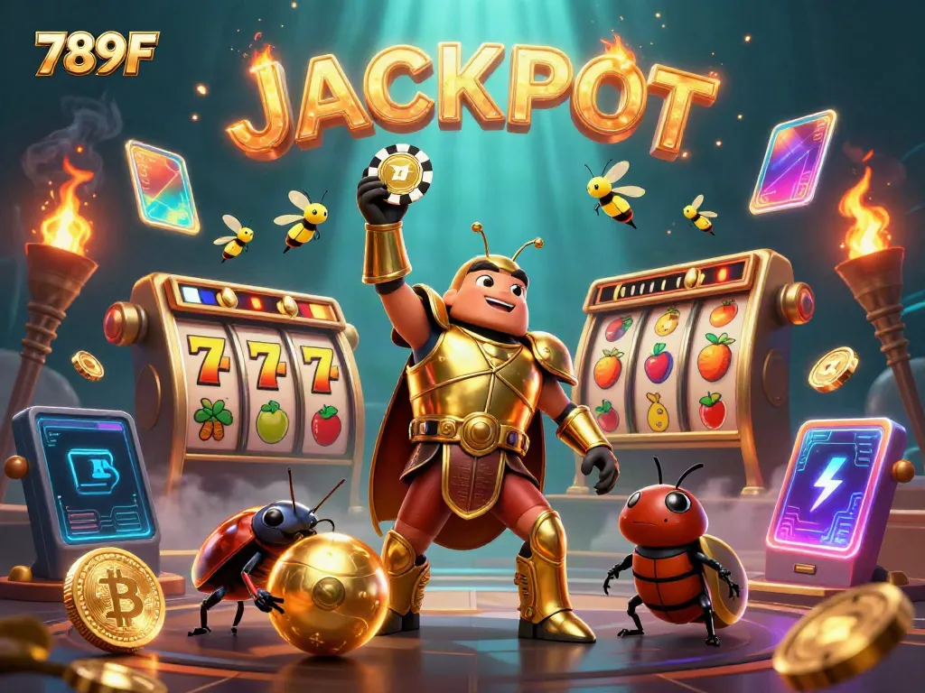 Experience thrilling jackpots with 789F's colorful gambling scene featuring a victorious beetle.