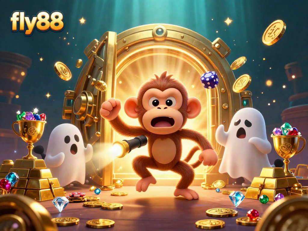 Engage with the hauntingly delightful fly88 casino scene featuring a mischievous monkey and ghost-hunter puppy amid treasures.