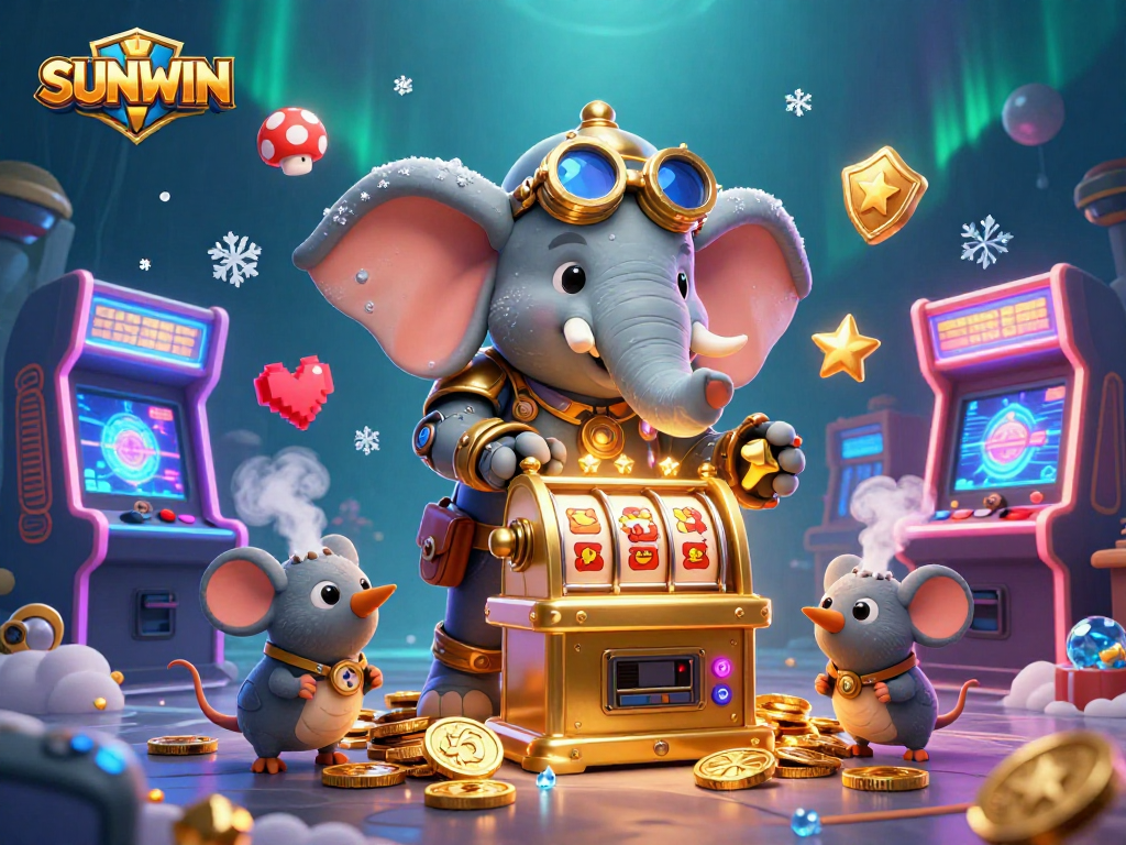 SUNWIN's unique gaming experience depicted as a lively steampunk-themed slot machine scene with vibrant arcade elements