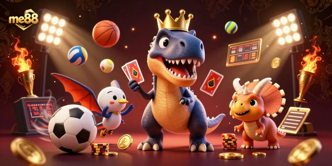 Engage in thrilling gameplay at me88 as friendly dinosaurs enjoy classic casino action with vibrant sports elements.