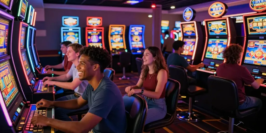 Players enjoying slot machines in a vibrant casino setting, illustrating the excitement of gaming.