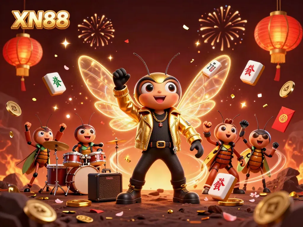 Experience the excitement of XN88 with a vibrant, dynamic casino-themed illustration featuring a rock star and casino symbols.
