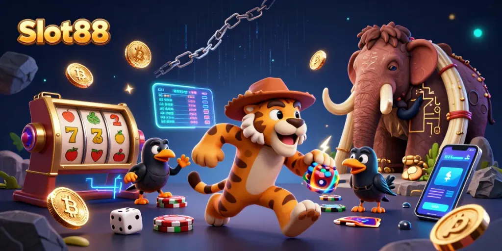 Experience Slot88 excitement with a vibrant prehistoric casino scene featuring cavemen and crypto elements.