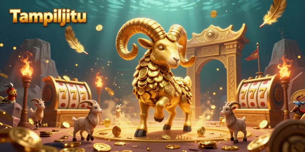 Tampiljitu showcases a vibrant golden ram charging through a slot-themed arena filled with coins and excitement.