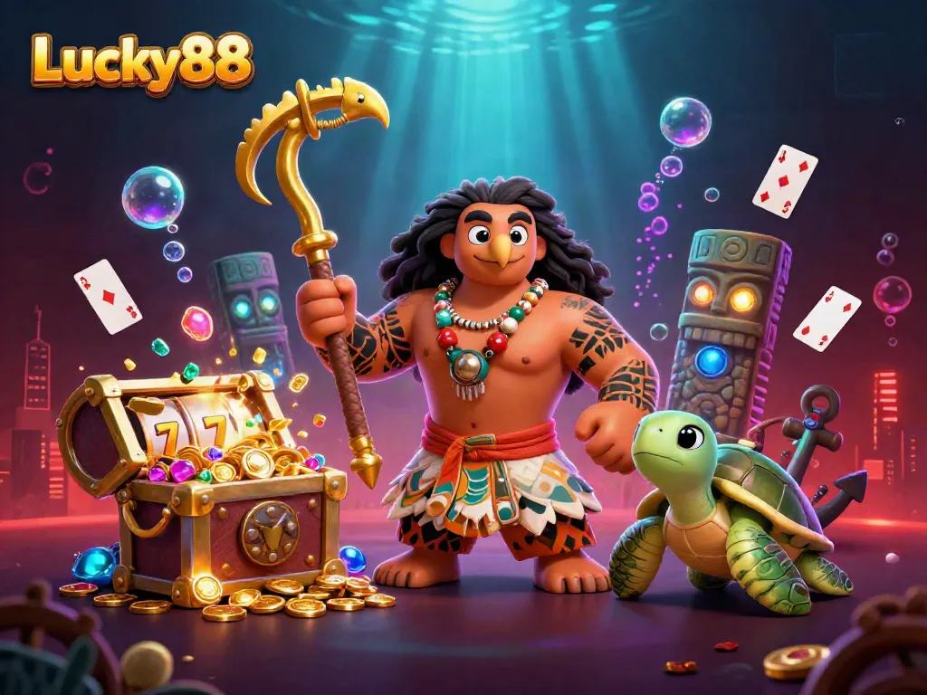 Spin the reels at Lucky88 with a vibrant scene featuring Polynesian characters and exciting casino elements.