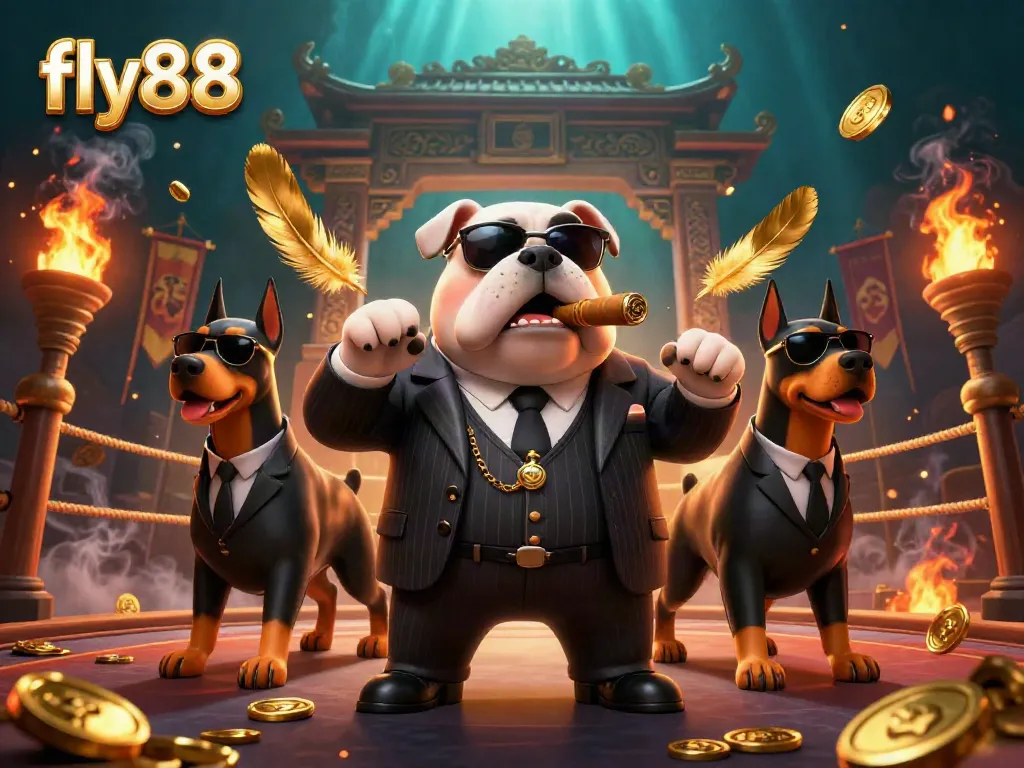 Engage with exciting fly88 entertainment as the mafia boss bulldog and bodyguards celebrate dynamic wins in a vibrant casino.