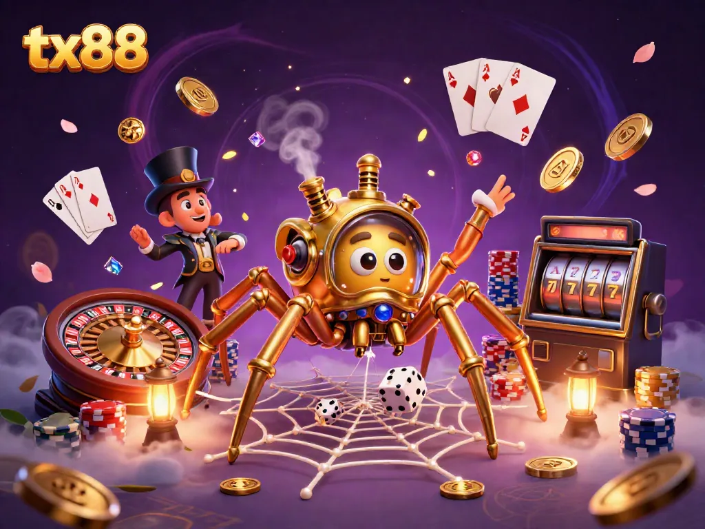 Experience the thrill of tx88 with a captivating casino scene featuring a golden spider and whimsical elements.