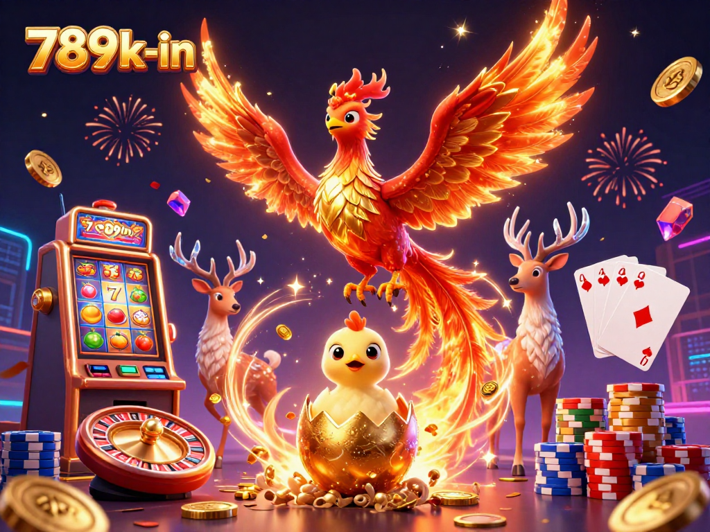 Experience fortune with 789k-in's stunning phoenix illustration amidst dynamic casino elements.