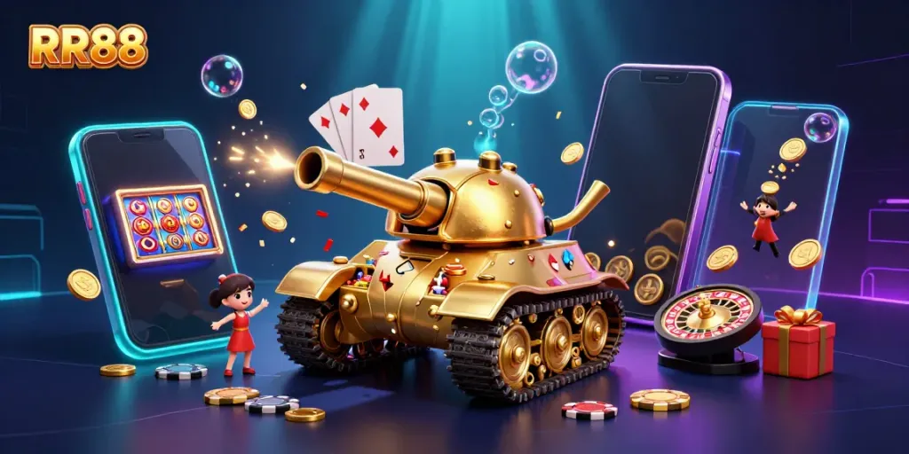 Experience exciting gameplay at RR88 with a vibrant 3D casino scene filled with action and energy.