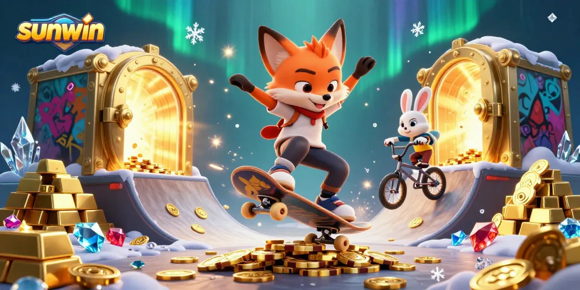 Skateboarding fox and BMX rabbit showcase sunwin's vibrant casino excitement with treasure and gems.