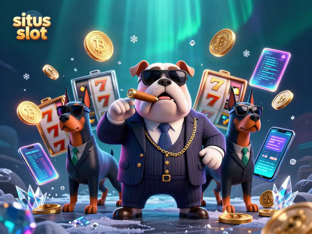 Engage with the thrilling atmosphere of situs slot showcased by a mafia bulldog and Doberman guardians adorned with casino elements.