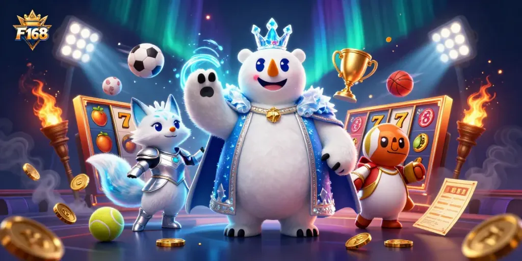 Spin to win at F 168 with vibrant slots and a polar bear king in a rich casino scene.