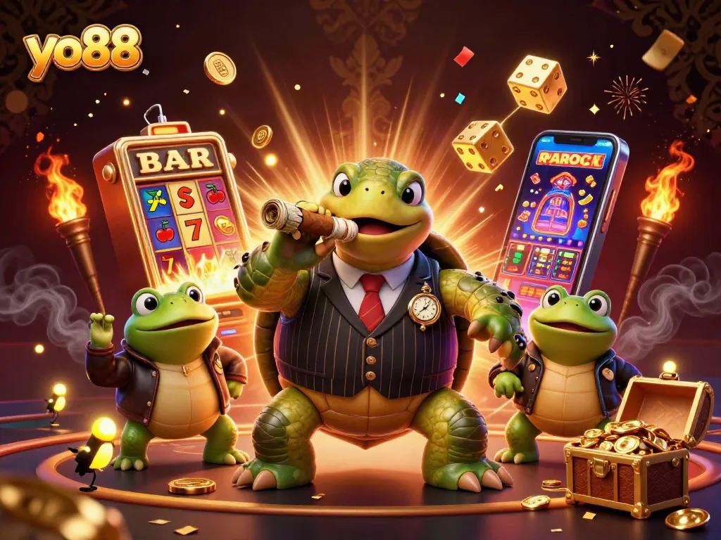 Experience thrilling gameplay with yo88, featuring a cartoon turtle and gaming symbols in a lavish casino scene.