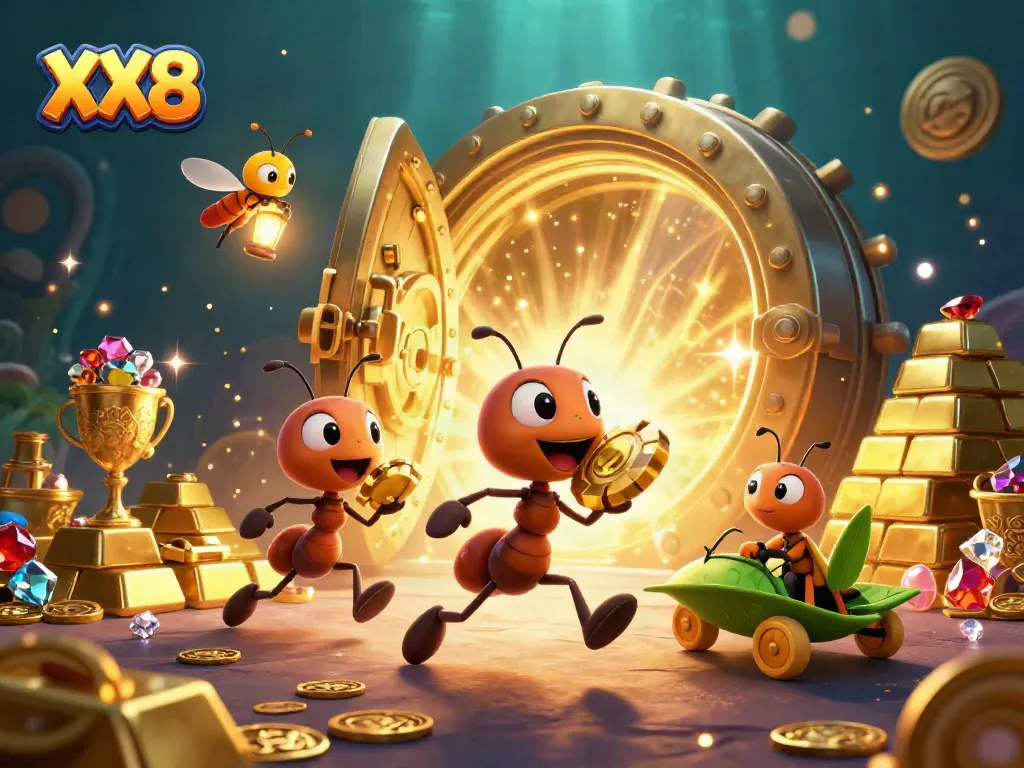 Join the 3D cartoon ants in their XX8 heist, leveraging golden poker chips and a bounty of treasures.