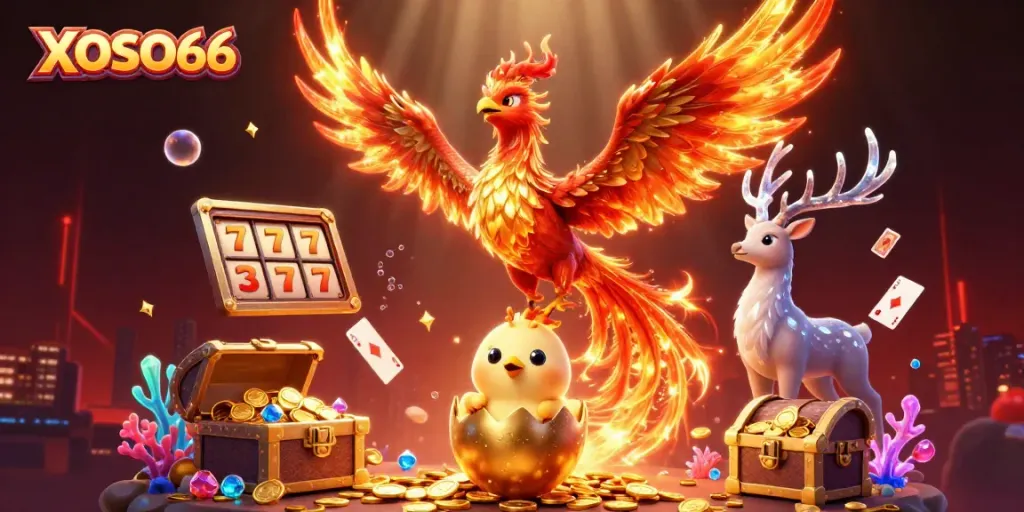 Experience exciting gameplay with XOSO66, showcasing a colorful phoenix alongside dynamic casino elements.