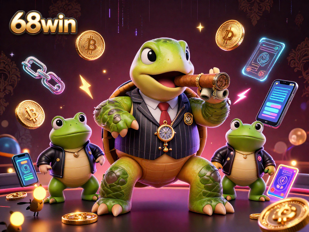 Experience thrilling gaming with 68win's vibrant scene featuring quirky characters and crypto elements.