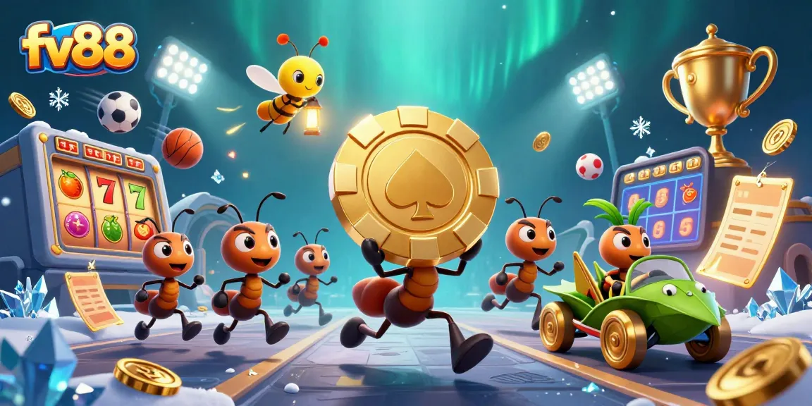 fv88 captures a thrilling heist scene with ants, golden poker chip, and jackpot symbols.